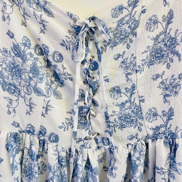 🌿 CIDER Cottage Core Blue Toile Floral Puff Sleeve Mini Dress 2XL - Picture 8 of 10